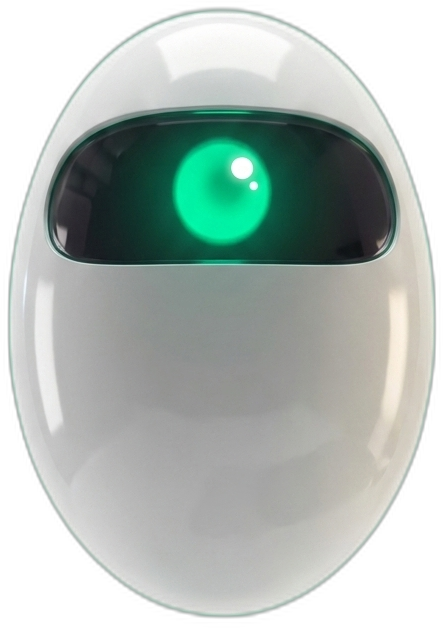 EVE, eine weiße Kapsel mit grünem Auge